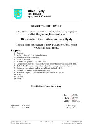 Program 16. zasedání Zastupitelstva obce Hýsly